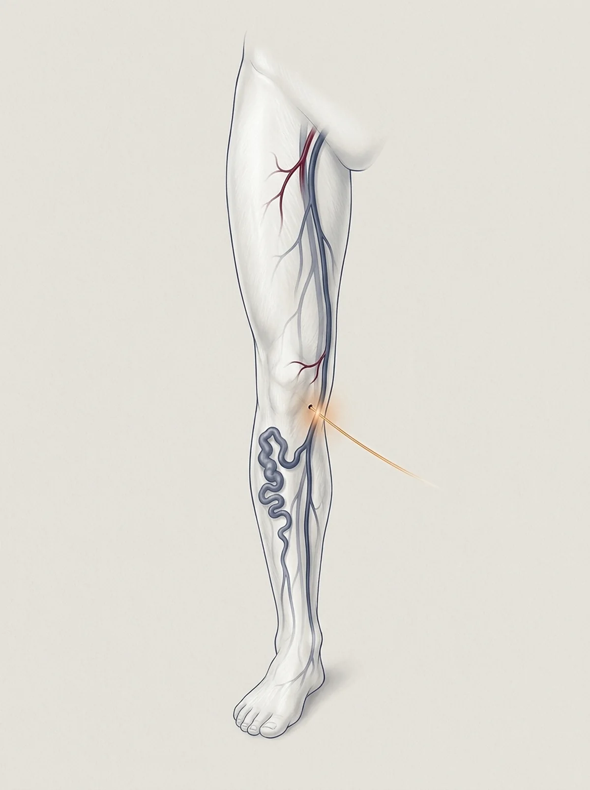 Ilustração: perna translúcida com uma veia varicosa abaixo do joelho e a ponta de uma fibra de laser acesa dentro da veia.